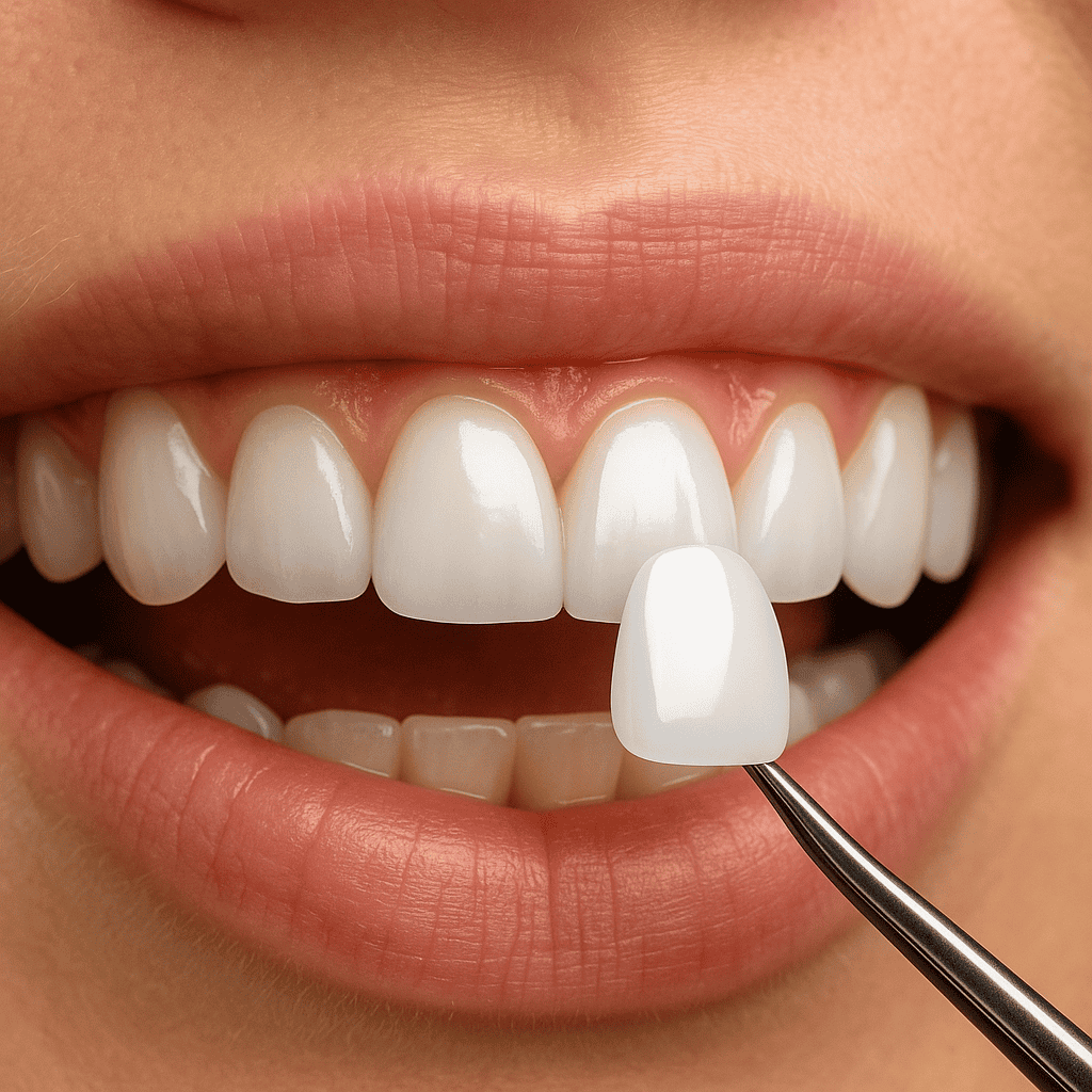 Dettaglio ravvicinato della scelta del colore e della forma di una faccetta dentale in porcellana