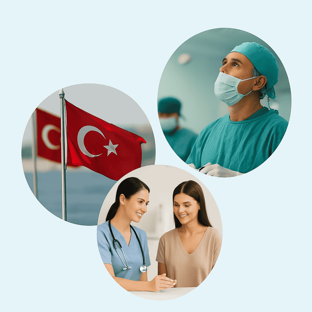 Médecin turc en salle d’opération, drapeau de la Turquie et personnel médical accueillant un patient