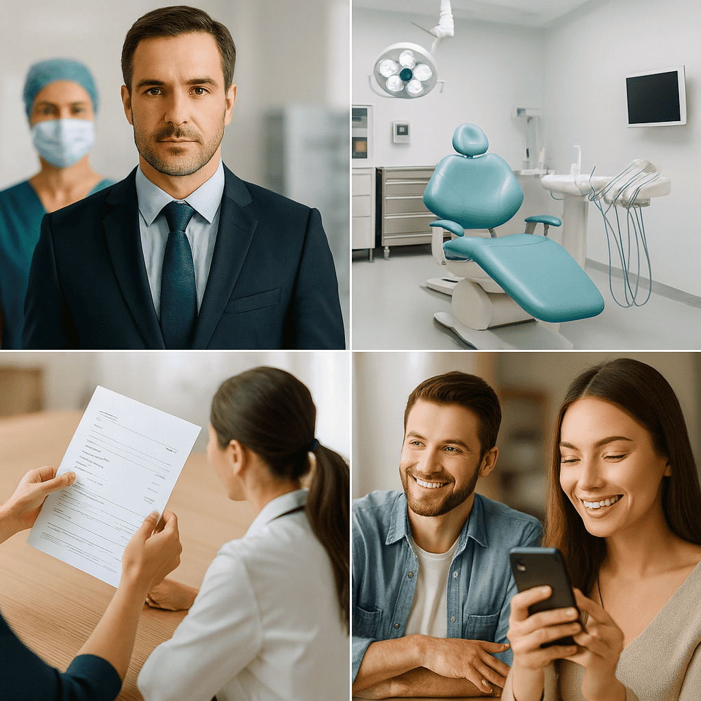 Collage che mostra un chirurgo dentista, una clinica moderna, la firma di un contratto medico e pazienti felici in Turchia.