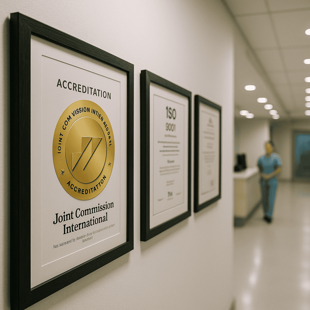 cliniche in Turchia specializzate in addominoplastica con certificazioni JCI e ISO in corridoio ospedaliero moderno e accreditato