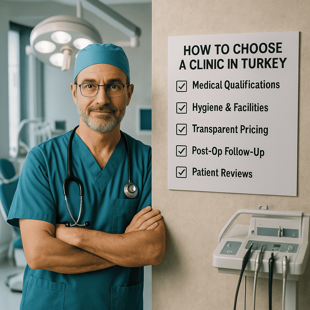 Chirurgo esperto accanto a una lista di criteri per scegliere la migliore clinica di chirurgia estetica in Turchia