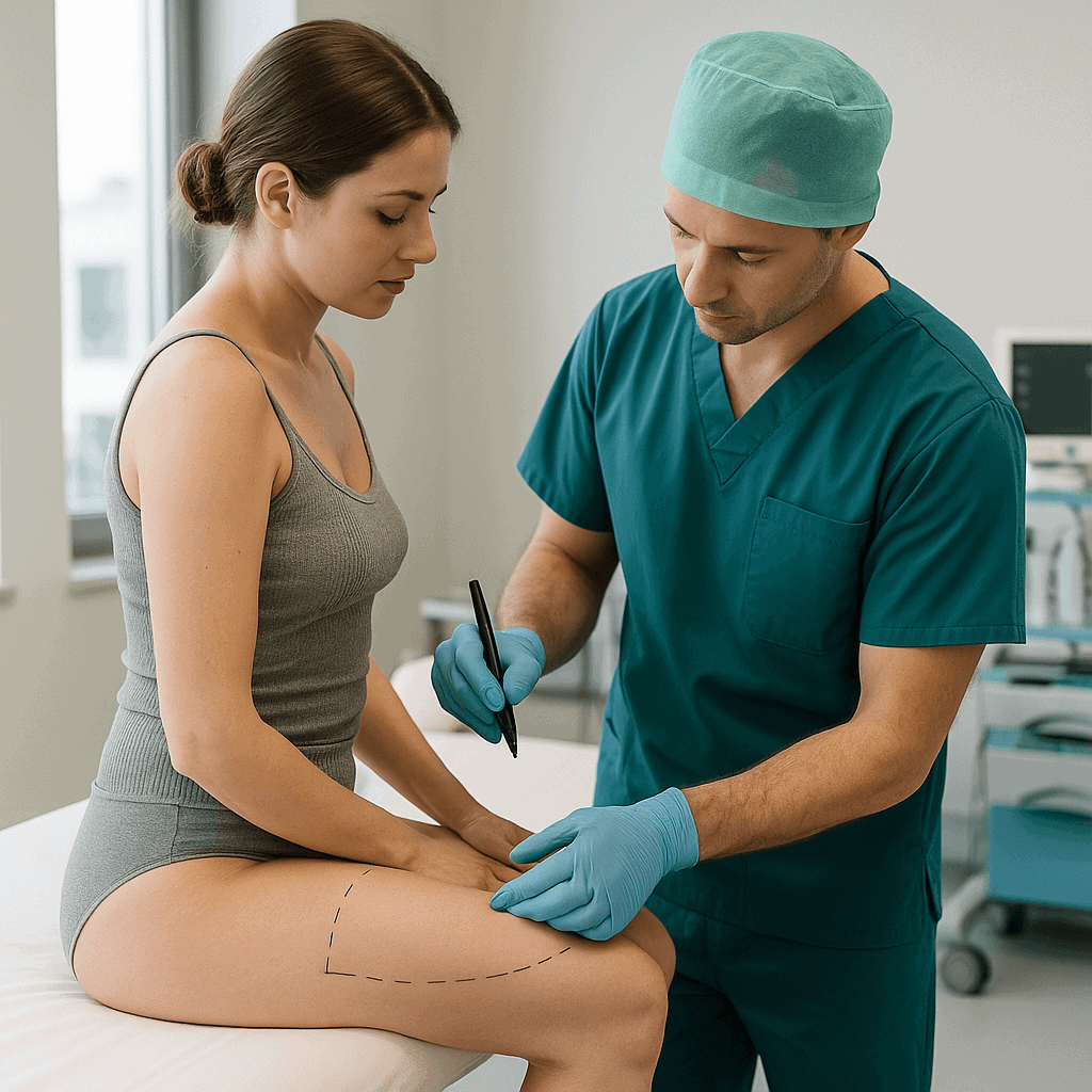 Lifting des cuisses en Turquie – préparation médicale avant l’intervention de chirurgie esthétique Chirurgien esthétique en Turquie marquant les zones à traiter avant un lifting des cuisses