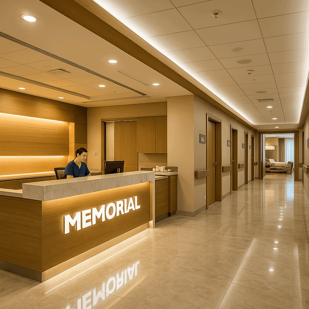 Accueil moderne du Memorial Hospital Turquie avec réception en bois et éclairage doux