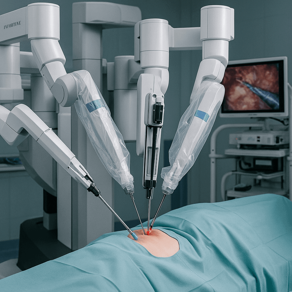 Bras robotisés du système chirurgical opérant sur un patient dans une salle hybride du Memorial Hospital Turquie
