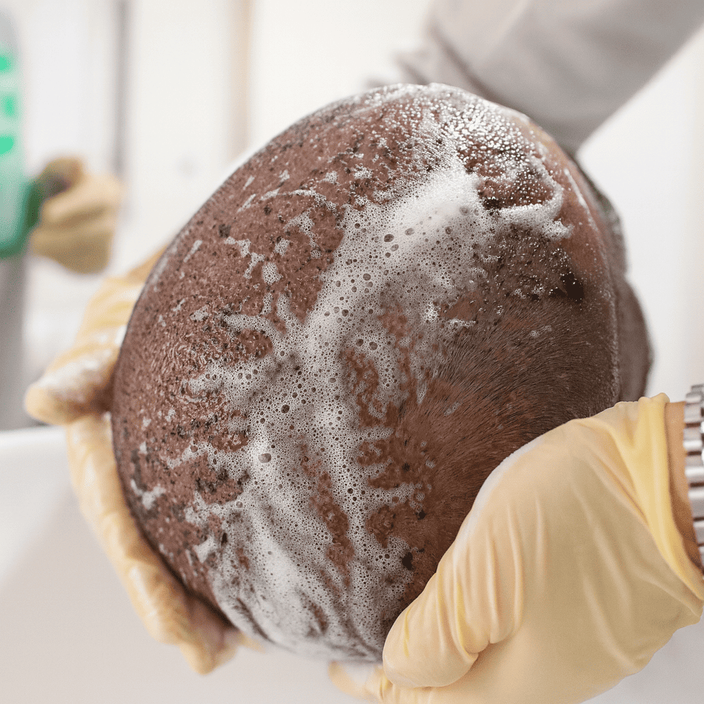 Lavaggio cuoio capelluto post trapianto: applicazione delicata dello shampoo a pH neutro