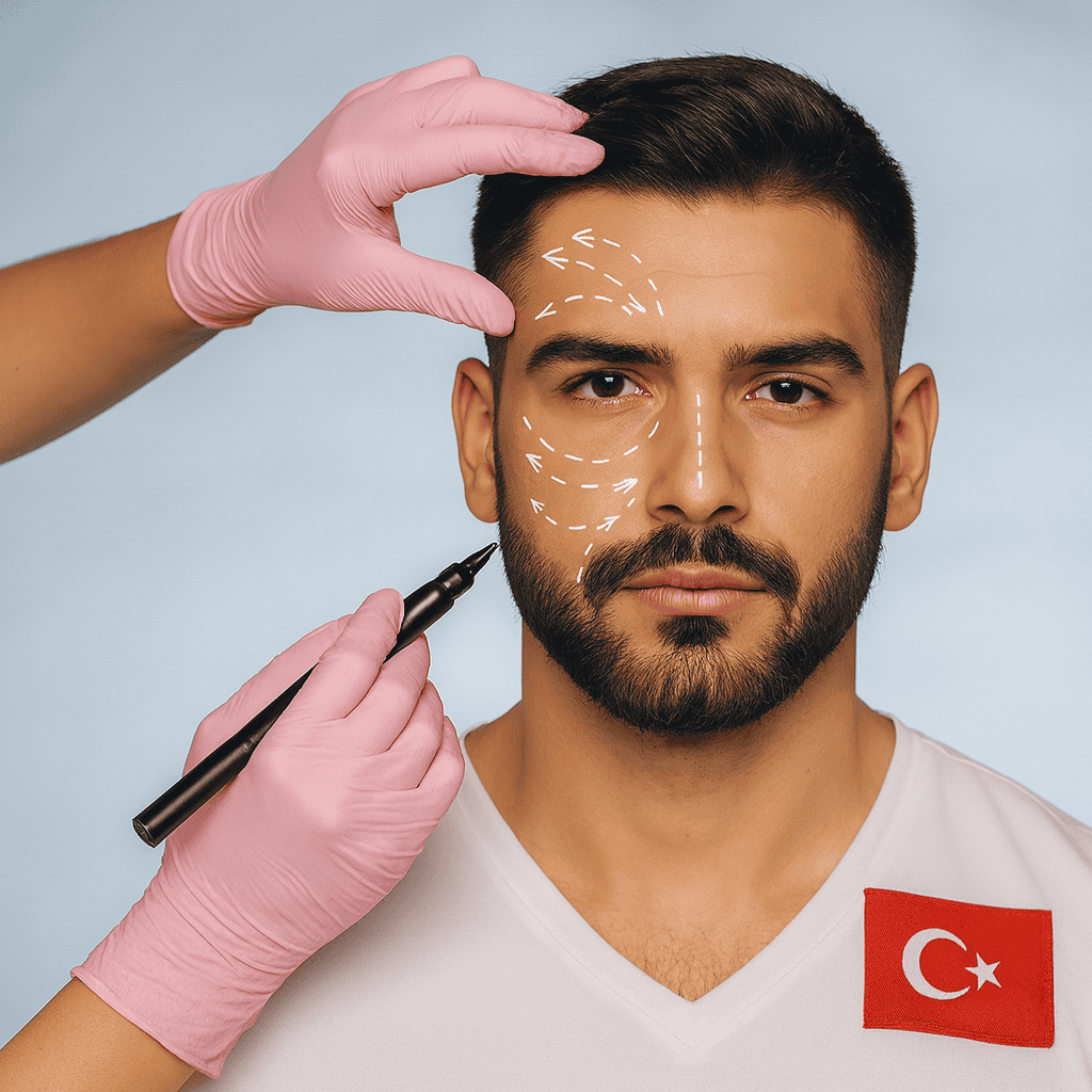 Homme marqué pour une chirurgie esthétique du visage avec un drapeau turc sur sa tenue