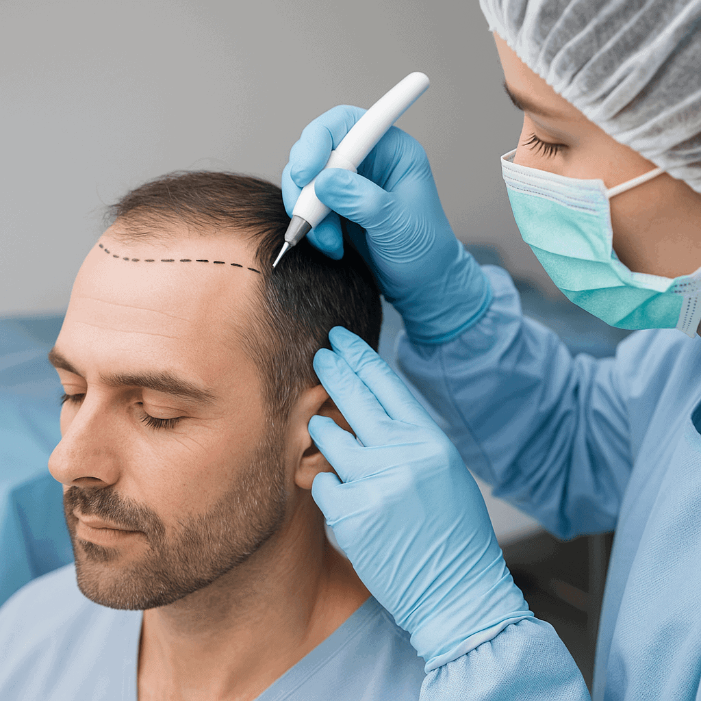 Medico che traccia il disegno dell'attaccatura dei capelli sulla testa di un paziente prima dell'intervento di trapianto di capelli