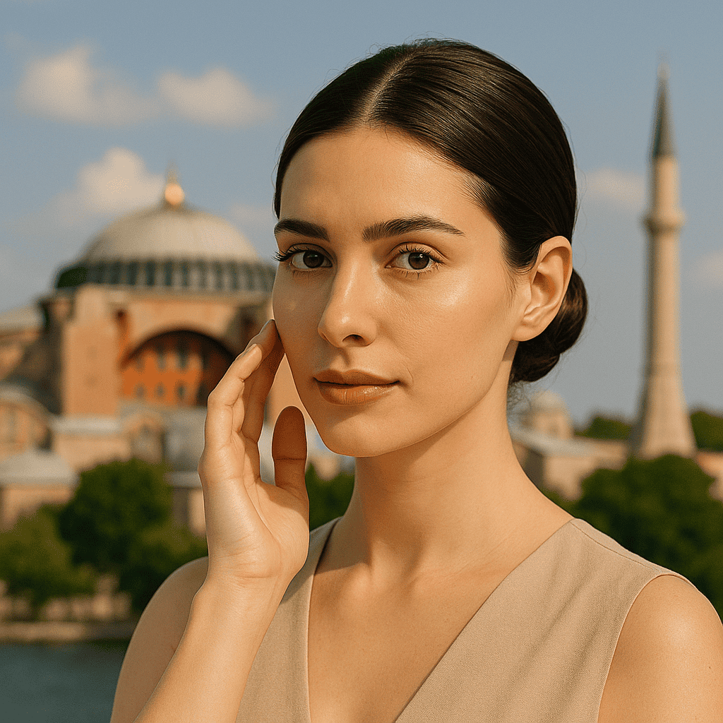Donna con pelle perfetta davanti alla Moschea Blu di Istanbul per turismo medicale e preventivo chirurgia estetica