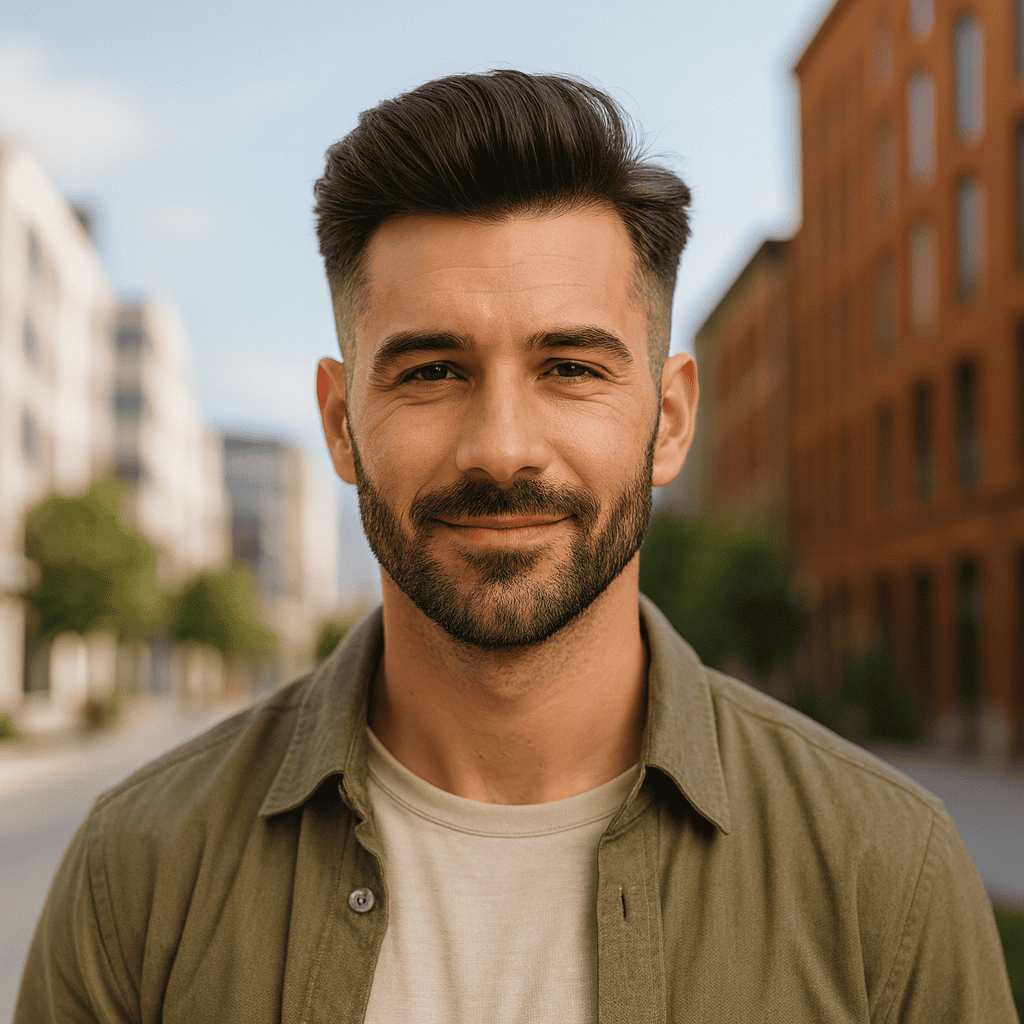 Homme souriant en extérieur après une greffe de cheveux réussie