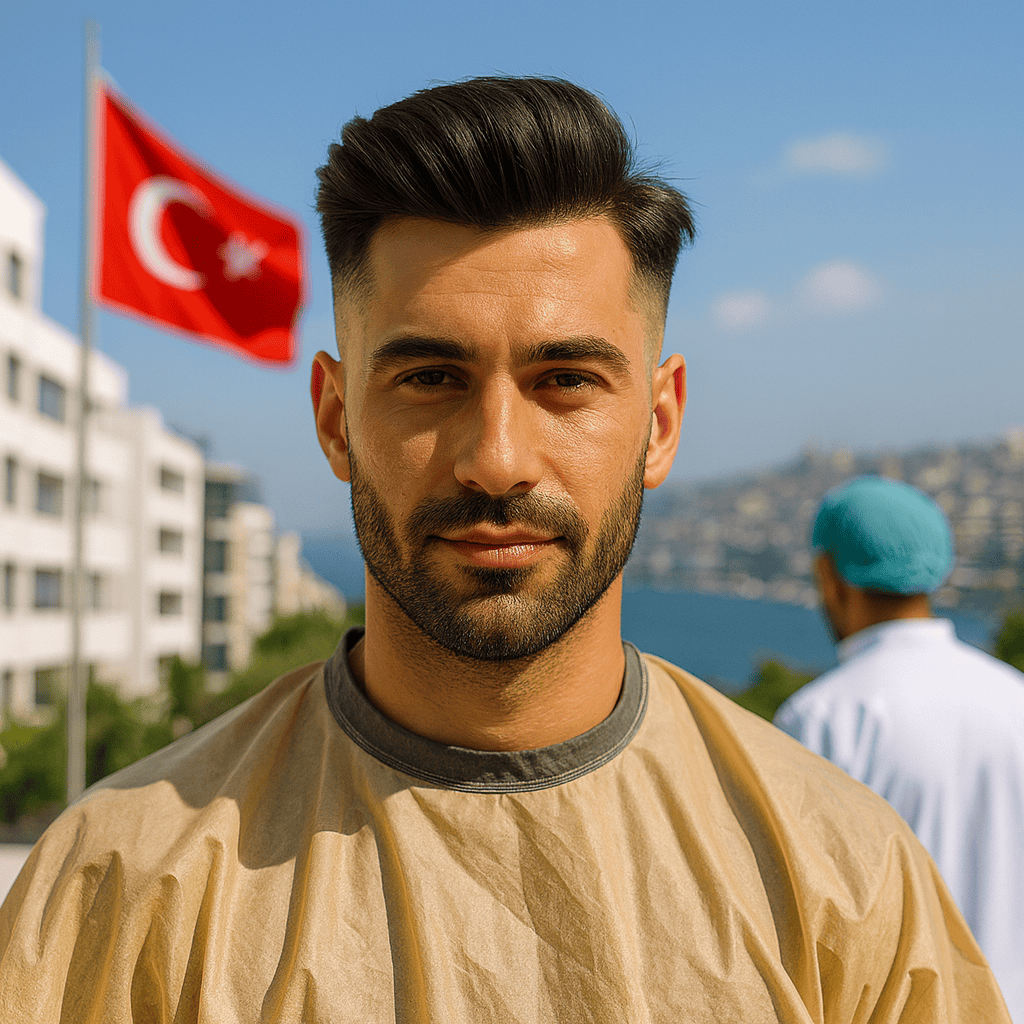 Résultat d’une greffe de cheveux en Turquie – traitement réussi et naturel Homme après greffe de cheveux en Turquie avec drapeau turc en arrière-plan