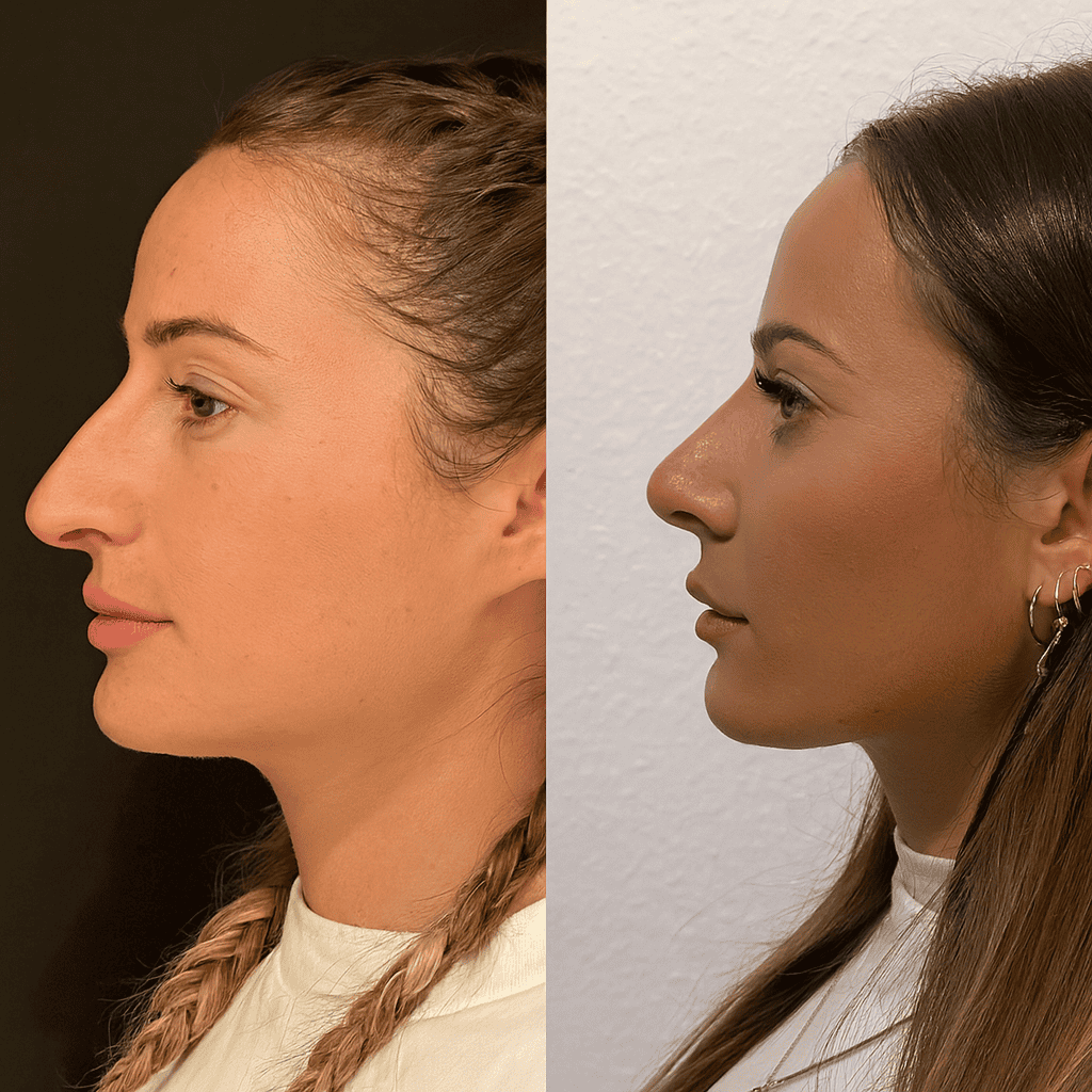 Résultat avant et après rhinoplastie chez une femme montrant un profil plus harmonieux avec un nez affiné et un rendu naturel