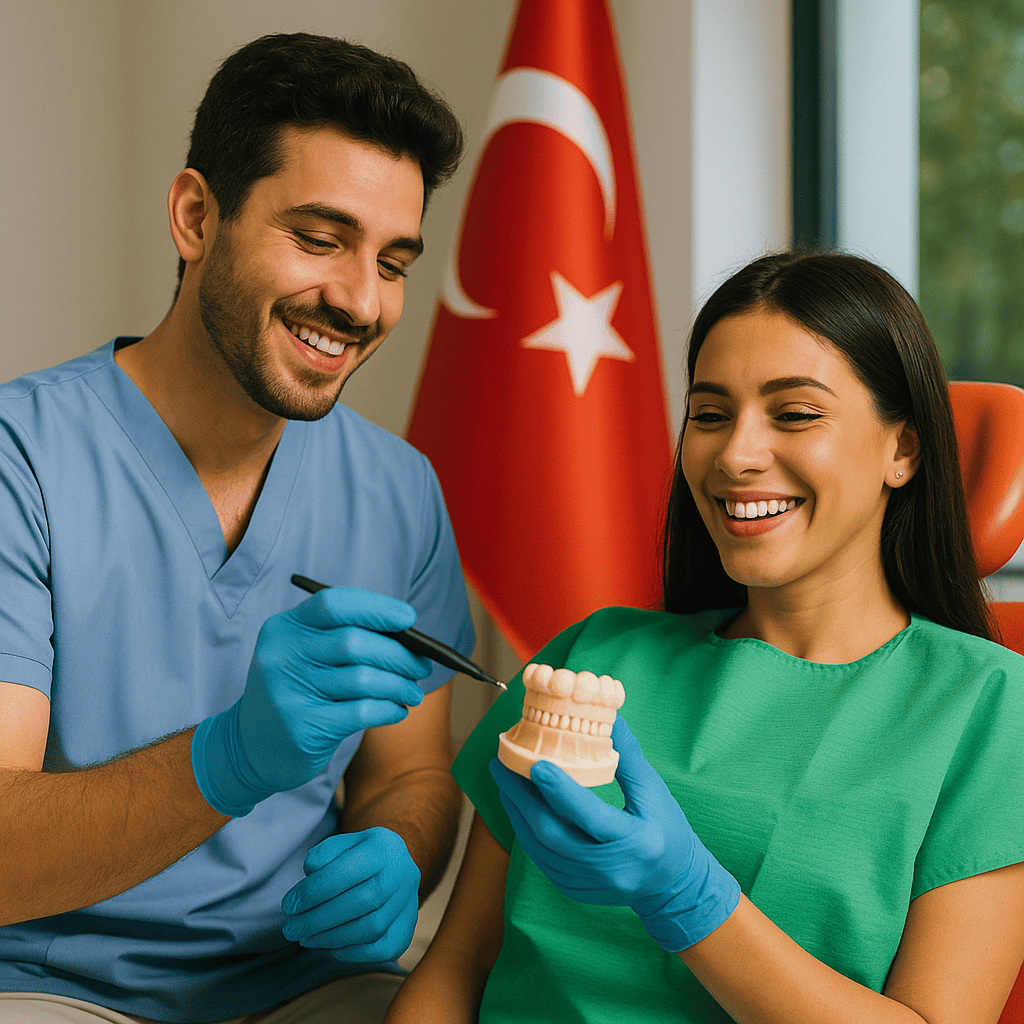 Dentista specializzato che mostra un modello dentale a una paziente sorridente in una clinica in Turchia