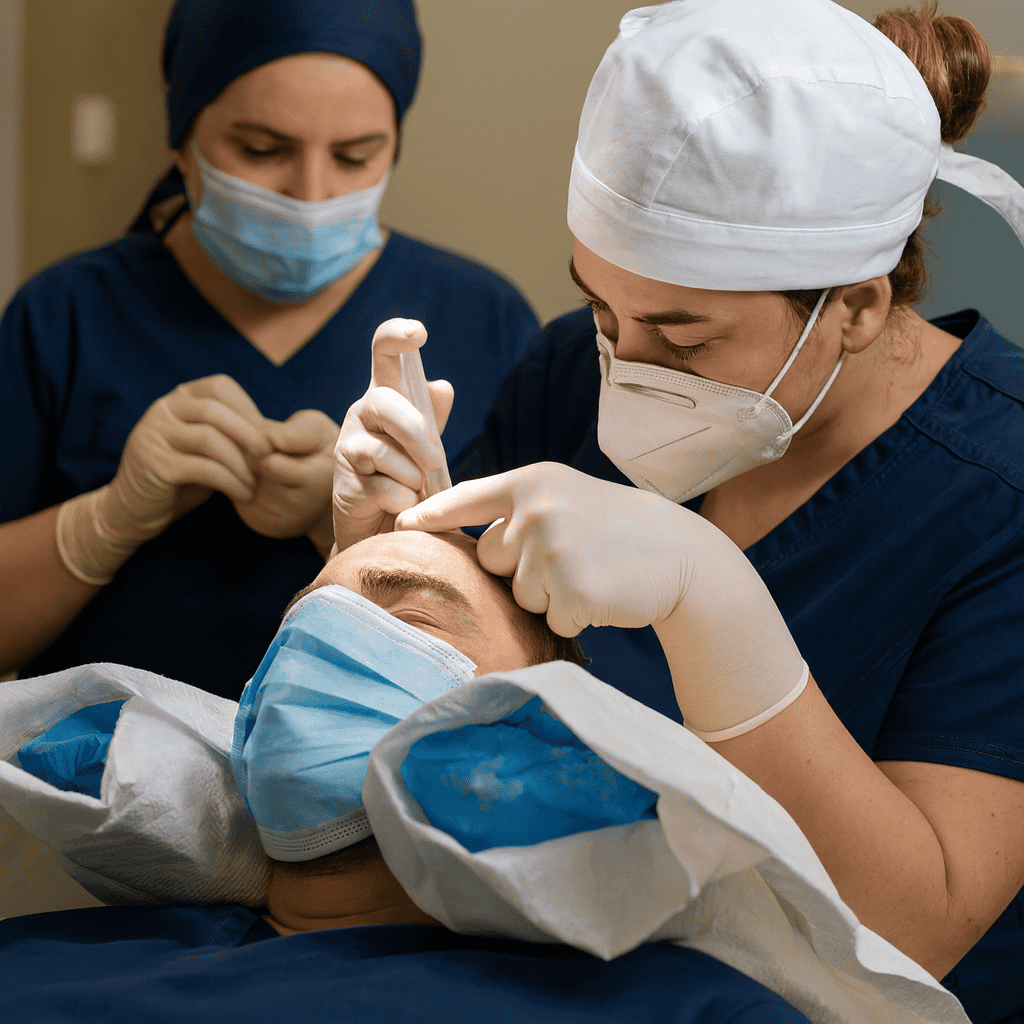 Chirurghi specializzati eseguono un trapianto di capelli in una clinica accreditata