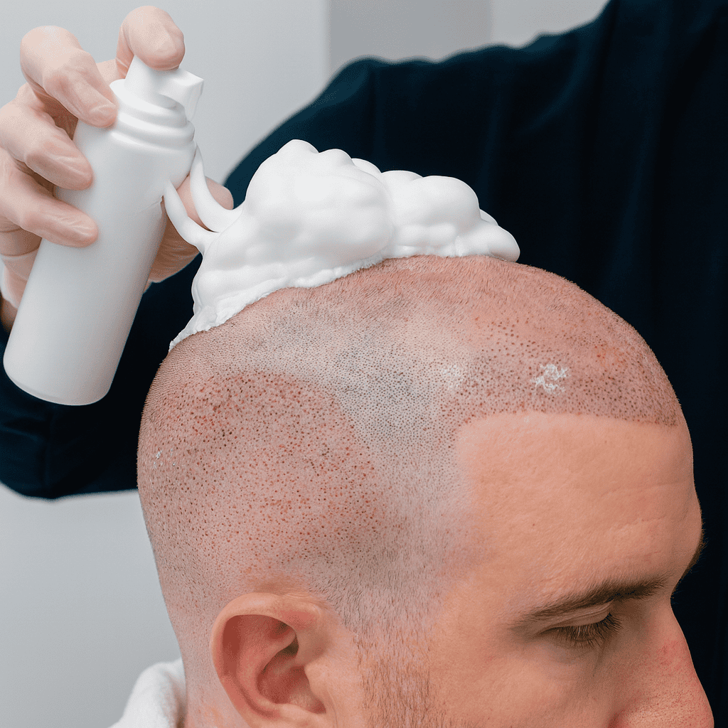 Applicazione lozione spray e schiuma detergente delicata dopo il trapianto di capelli
