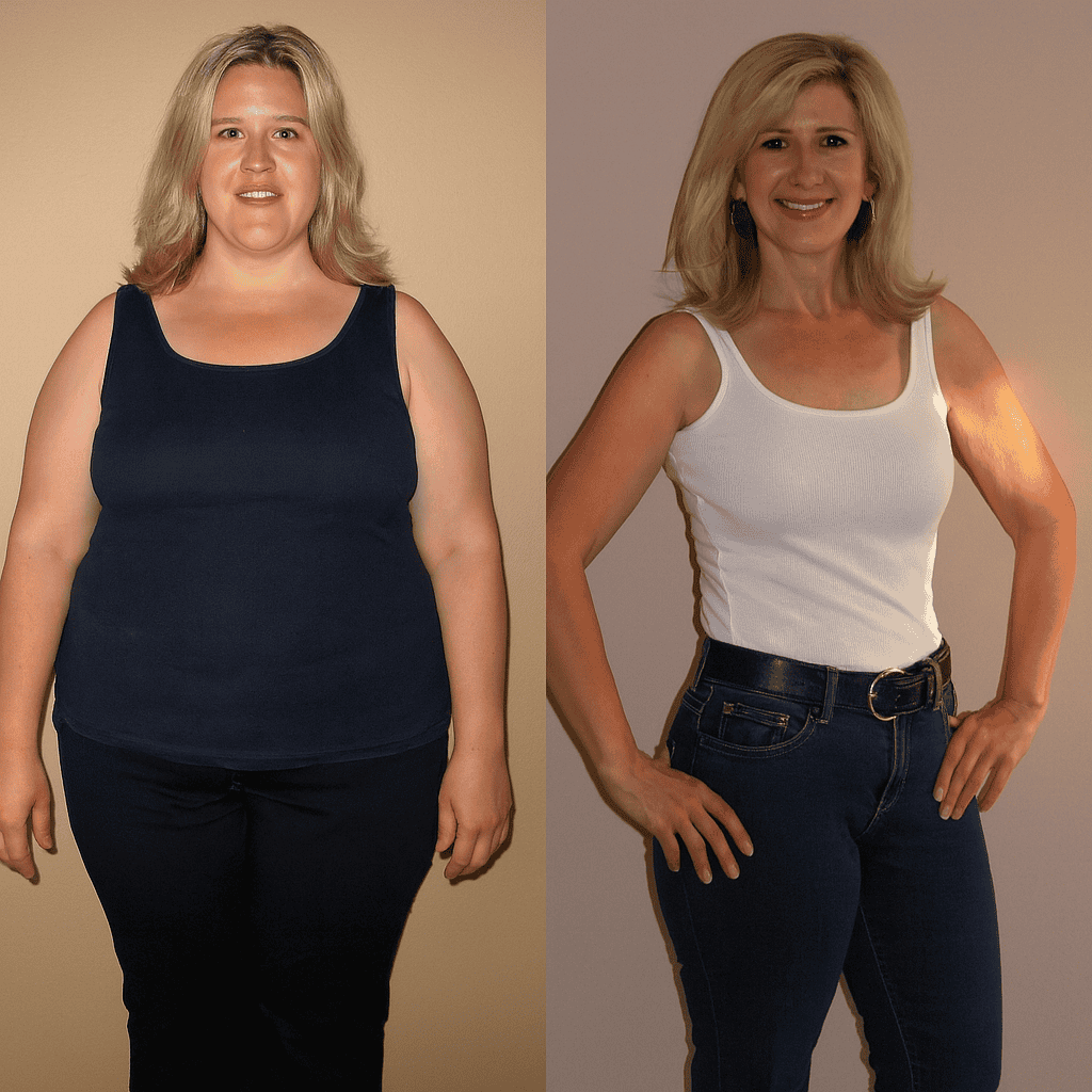 Avant et après perte de poids d’une femme montrant une silhouette affinée, une posture droite et un sourire confiant après transformation physique