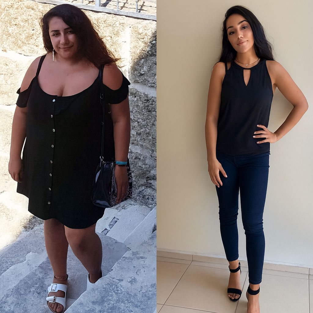 Photo avant et après d’une femme illustrant une perte de poids importante avec une silhouette affinée et une posture plus confiante