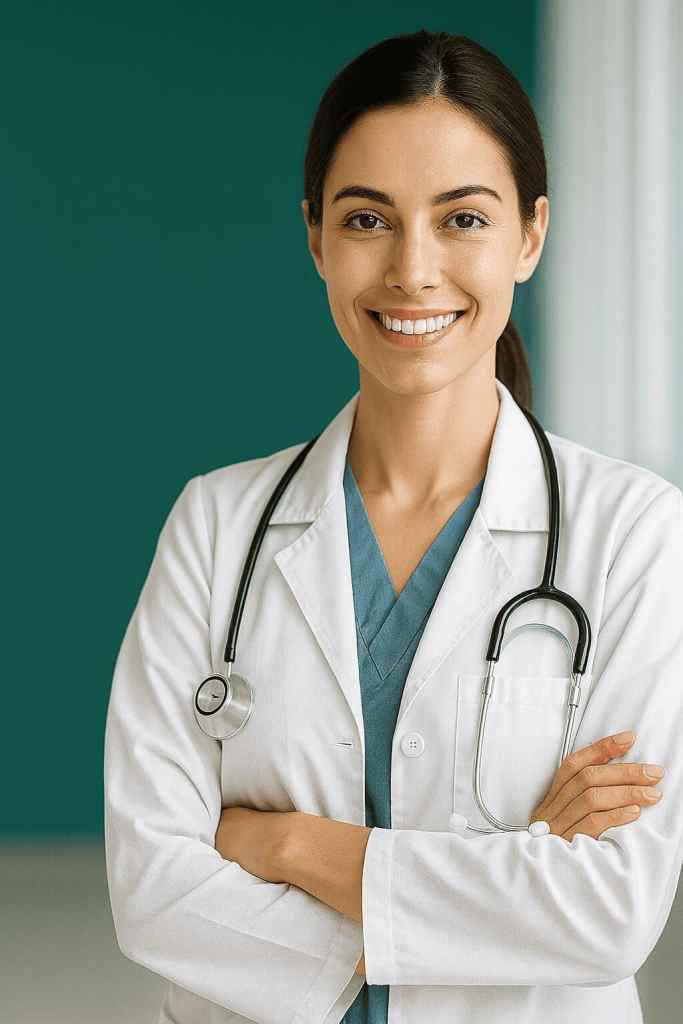 Formulaire de contact pour cliniques avec médecin en blouse blanche, inscription organisation, contact, téléphone, email et site web