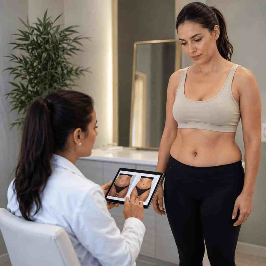 Consultation préopératoire de liposuccion entre une chirurgienne esthétique et une patiente afin d'évaluer la silhouette, la qualité de la peau et l'éligibilité à l'intervention.