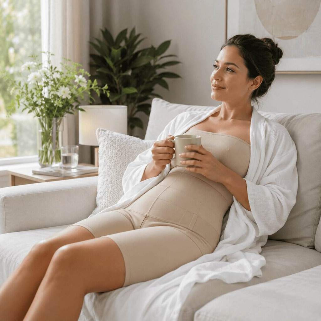 Patiente portant un vêtement de contention après une liposuccion, installée confortablement pendant la période de récupération post-opératoire.