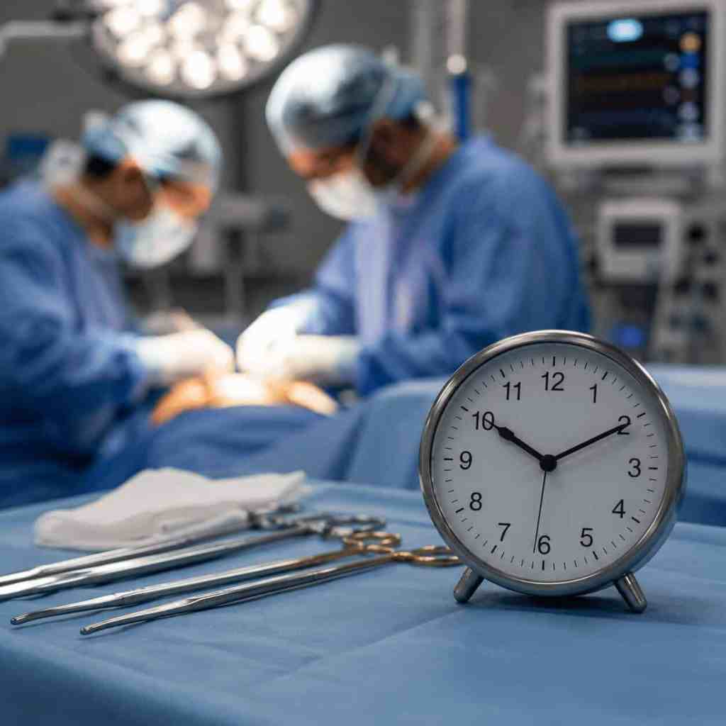Chirurgiens réalisant une liposuccion au bloc opératoire avec une horloge illustrant la durée moyenne de l'intervention selon le nombre de zones traitées.