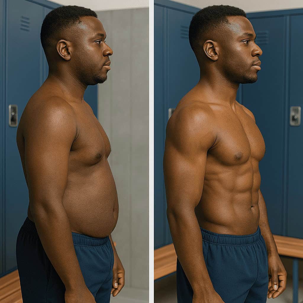 transformation de la silhouette masculine avant et après un remodelage corporel intensif