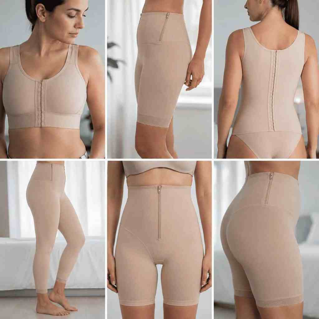 Différents modèles de vêtements de contention portés après une liposuccion pour favoriser la compression, limiter les gonflements et accompagner la récupération postopératoire.