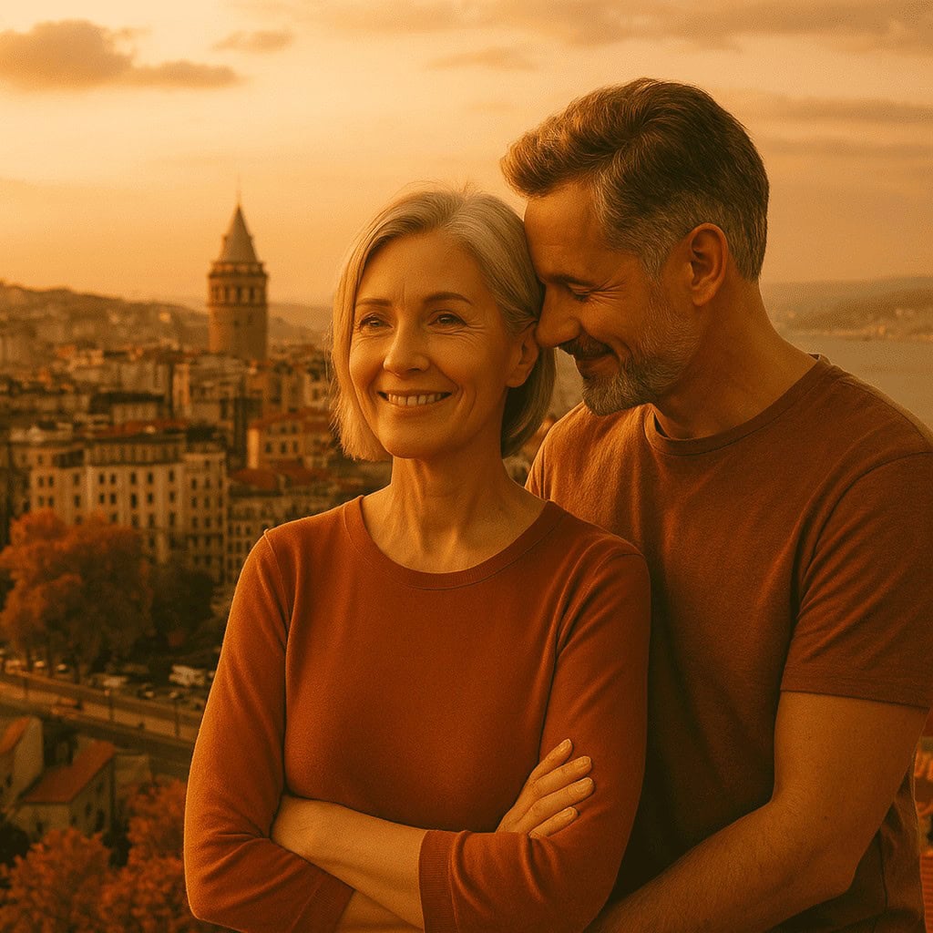 couple mature souriant lors d’un séjour à Istanbul au coucher du soleil