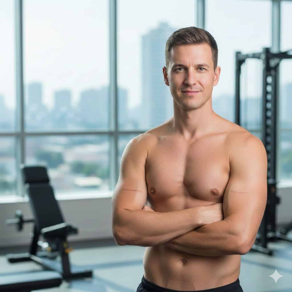 Homme de face torse nu après une chirurgie de gynécomastie montrant un résultat naturel et une poitrine masculine sculptée.