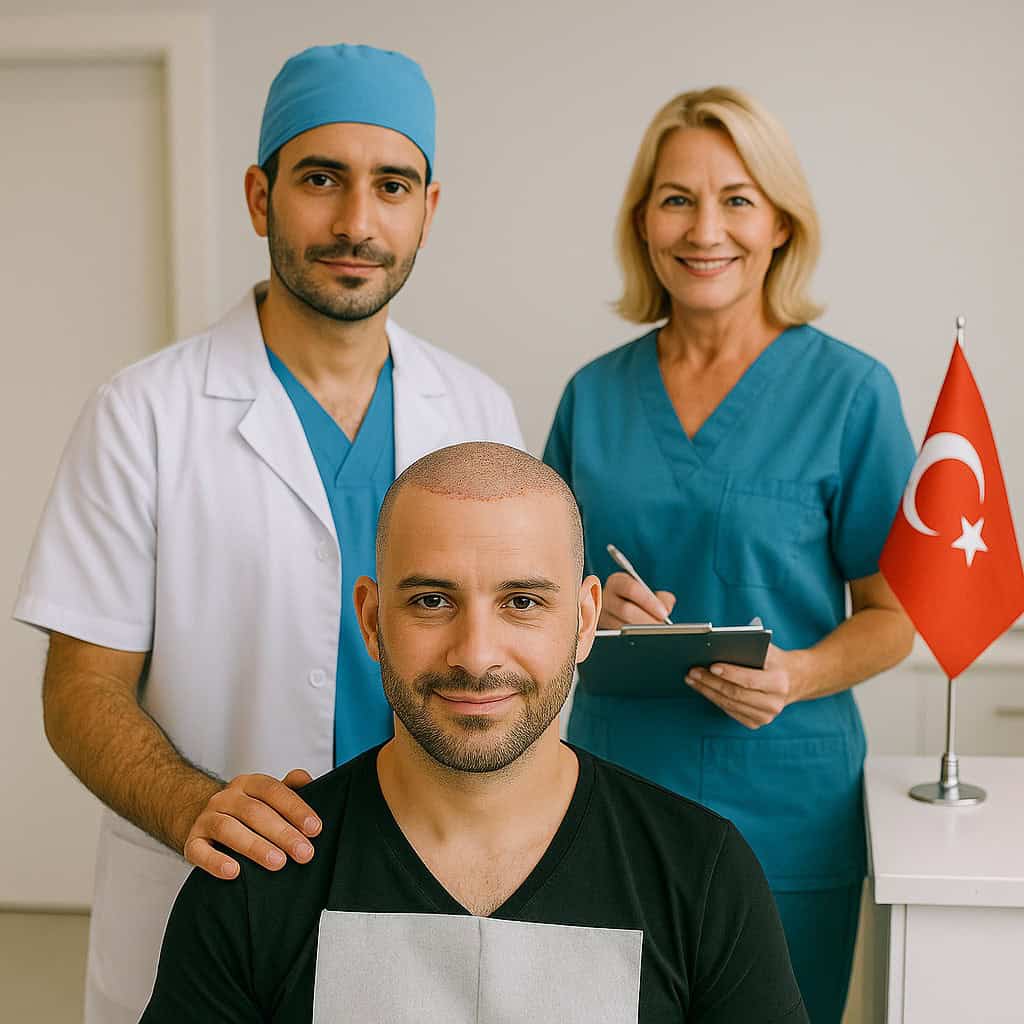 Équipe médicale en Turquie avec patient – préparation d’un devis personnalisé pour greffe de cheveux