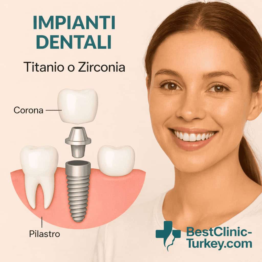 Schema impianto dentale in titanio o zirconia con corona e pilastro in Turchia