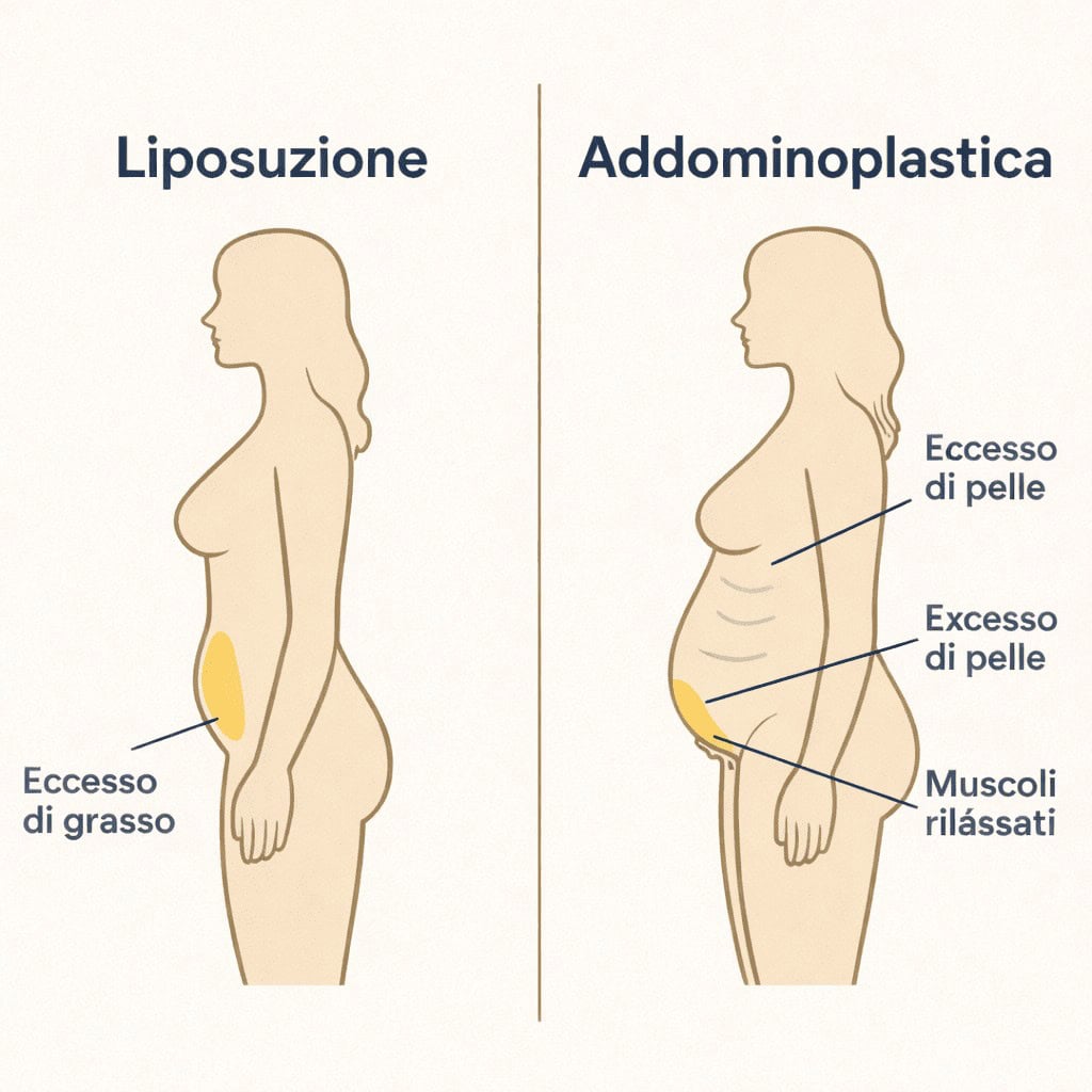 differenza tra liposuzione e addominoplastica con schema illustrativo: rimozione del grasso localizzato vs eliminazione dell’eccesso di pelle e rassodamento dei muscoli addominali in Turchia