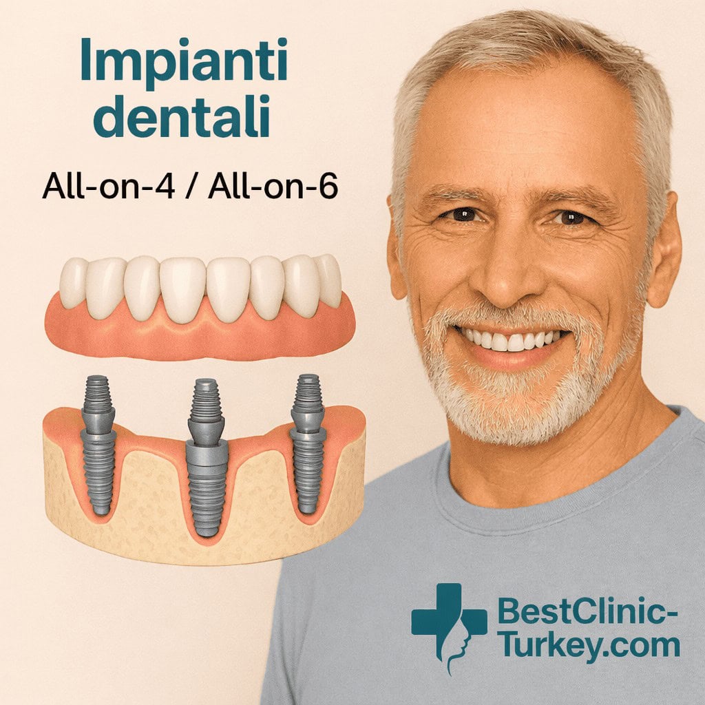uomo sorridente con schema impianto dentale all-on-4 e all-on-6 in turchia