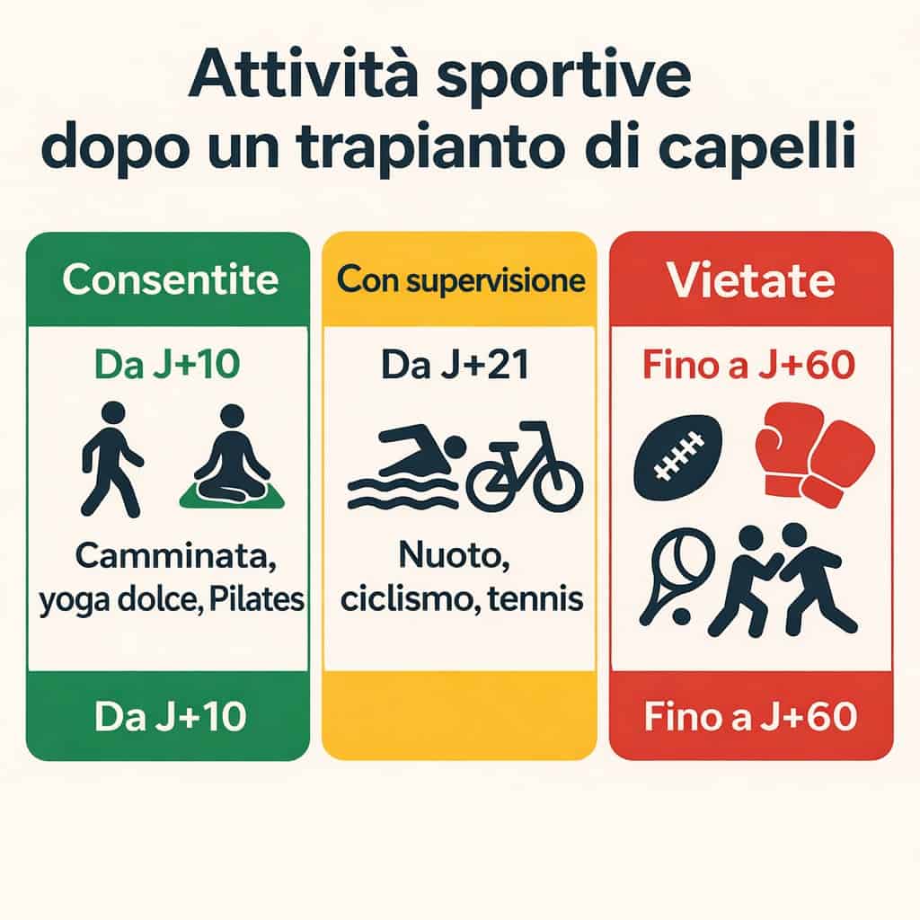 Infografica sport dopo trapianto capelli: tempistiche per attività fisica, nuoto e sport di contatto