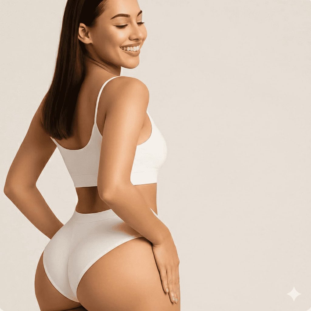 Risultato armonioso di un intervento di BBL in Turchia su una paziente in intimo bianco che mostra glutei proporzionati e una silhouette femminile