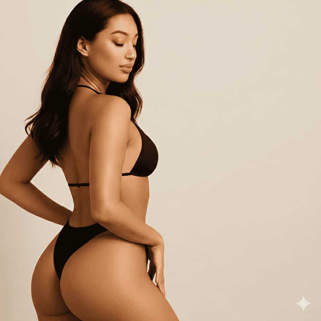 Risultato armonioso di un intervento di BBL in Turchia su una paziente in bikini che mostra glutei tonici e silhouette proporzionata