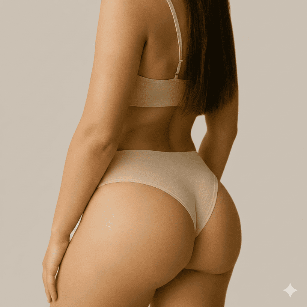 Profilo laterale di una donna con glutei sodi e definiti dopo un intervento di BBL in Turchia