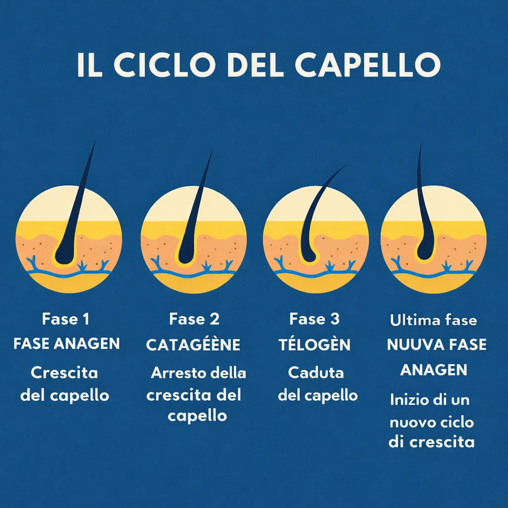 Infografica sulle fasi del ciclo vitale del capello: Anagen, Catagen e Telogen spiegate per il post-trapianto