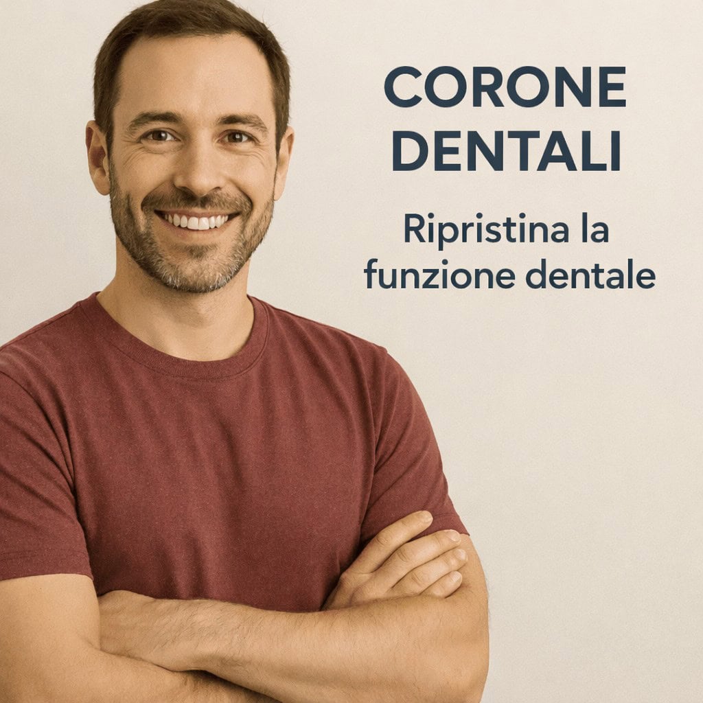 Uomo sorridente dopo il trattamento di ricostruzione con corone dentali per ripristinare la funzione masticatoria