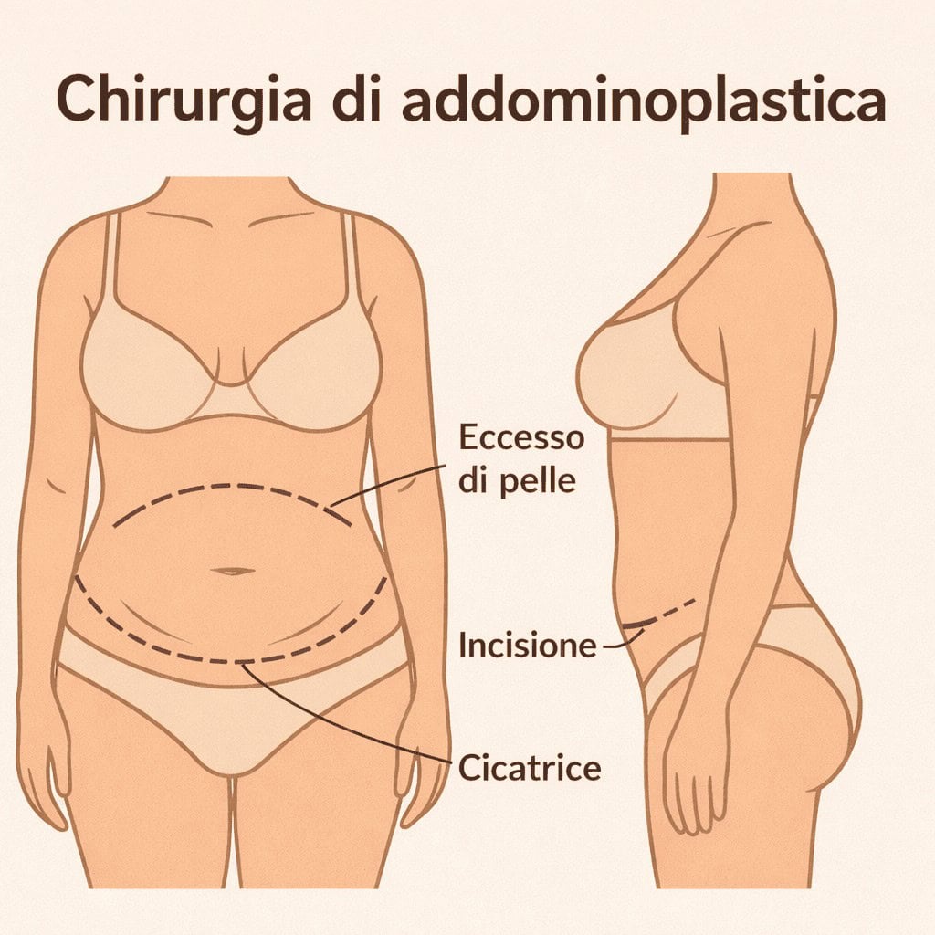 schema chirurgia di addominoplastica con incisione e cicatrice, rimozione dell’eccesso di pelle sull’addome in intervento estetico in Turchia