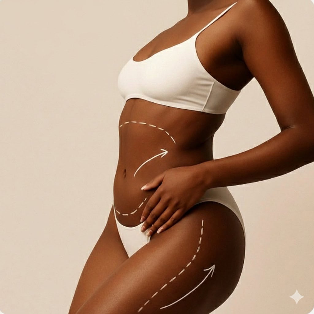 Donna con pelle elastica mostra i risultati di una liposuzione combinata a lipofilling glutei BBL