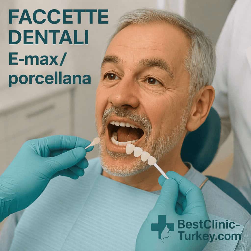 Dentista anziano che mostra il risultato naturale delle faccette dentali E-max in Turchia
