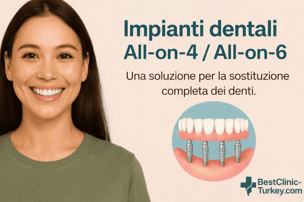 donna sorridente con illustrazione di un'arcata dentale su impianti all-on-4 e all-on-6