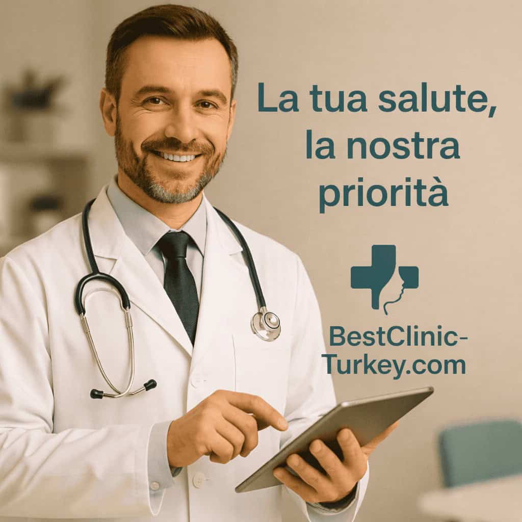 dentista sorridente in camice bianco con tablet per consulenza salute orale in turchia