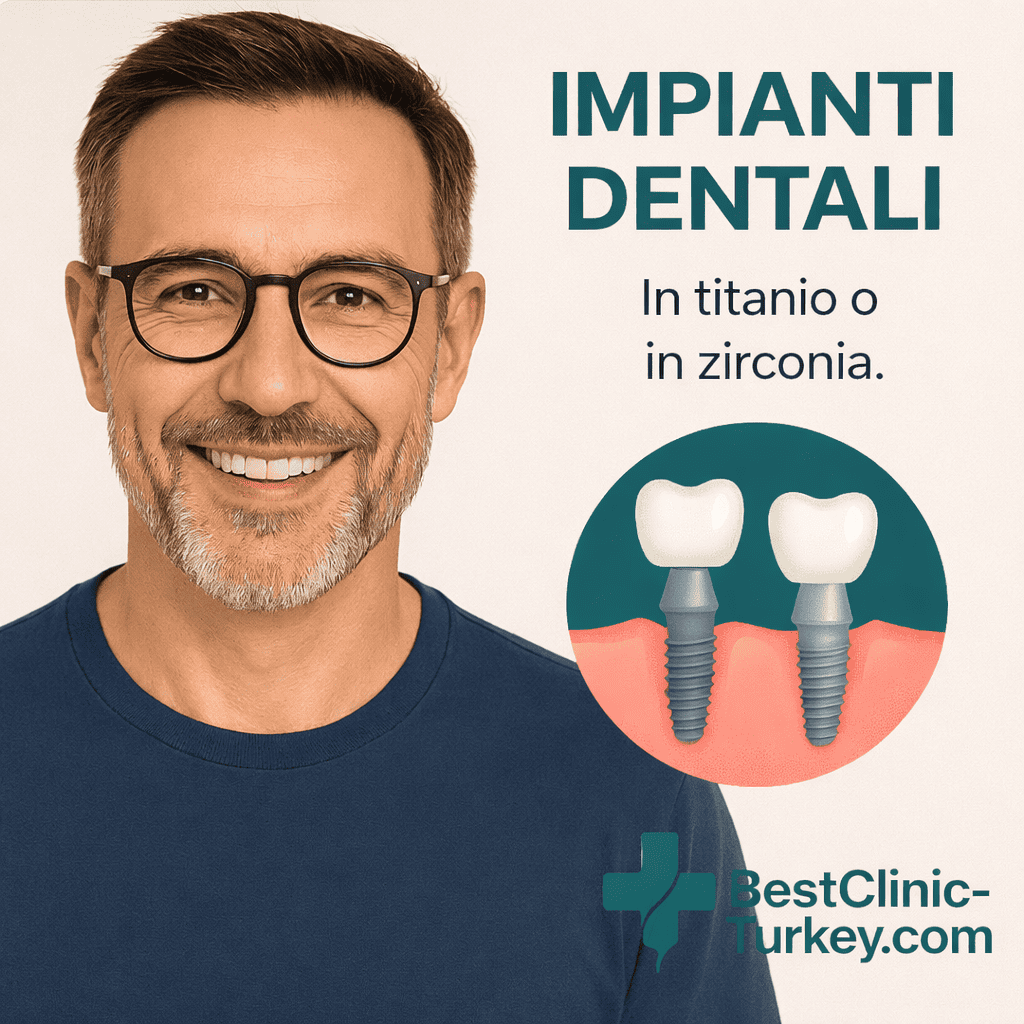 Uomo con occhiali che sorride dopo un intervento riuscito di chirurgia dentale e protesi su impianti in Turchia.