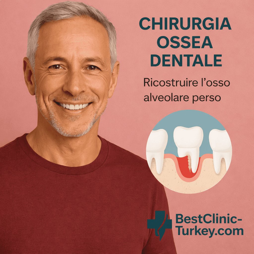 Chirurgia ossea dentale in Turchia: paziente sorridente e schema ricostruzione osso alveolare perso per impianti