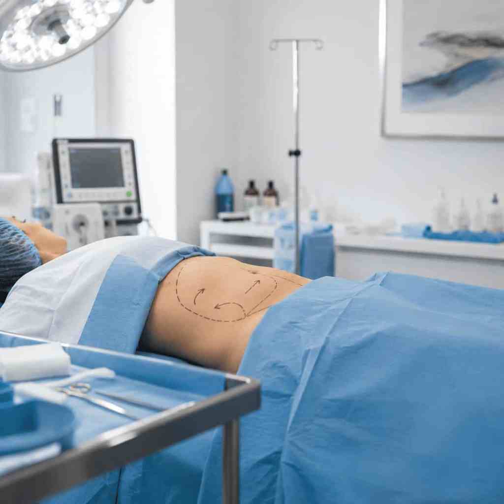 Paziente preparato in sala operatoria per una liposuzione con marcature preoperatorie sull'addome per definire le aree da trattare.