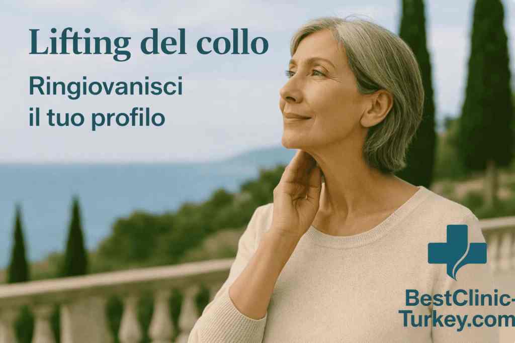 Donna matura con profilo ringiovanito dopo lifting del collo in Turchia e logo BestClinic-Turkey