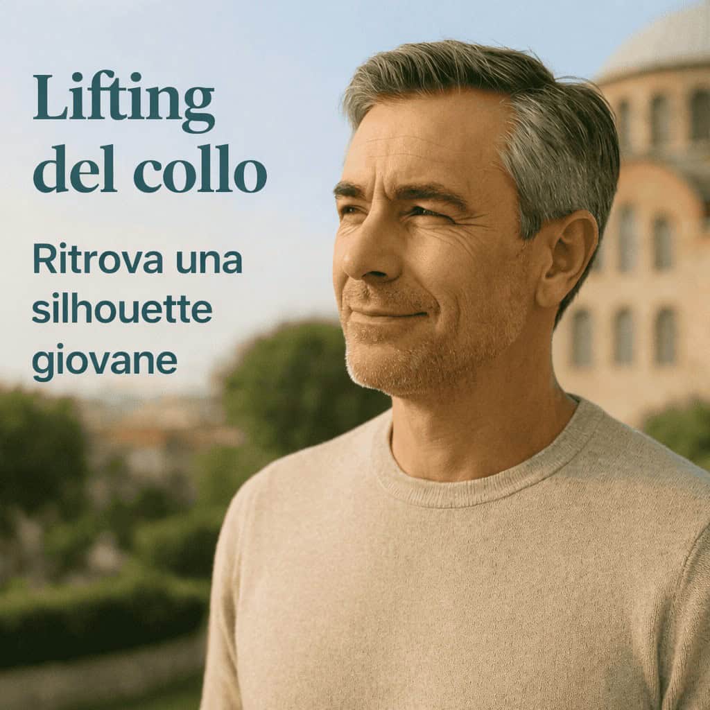 Uomo con collo tonico e sguardo sereno dopo un intervento di lifting cervicale in Turchia