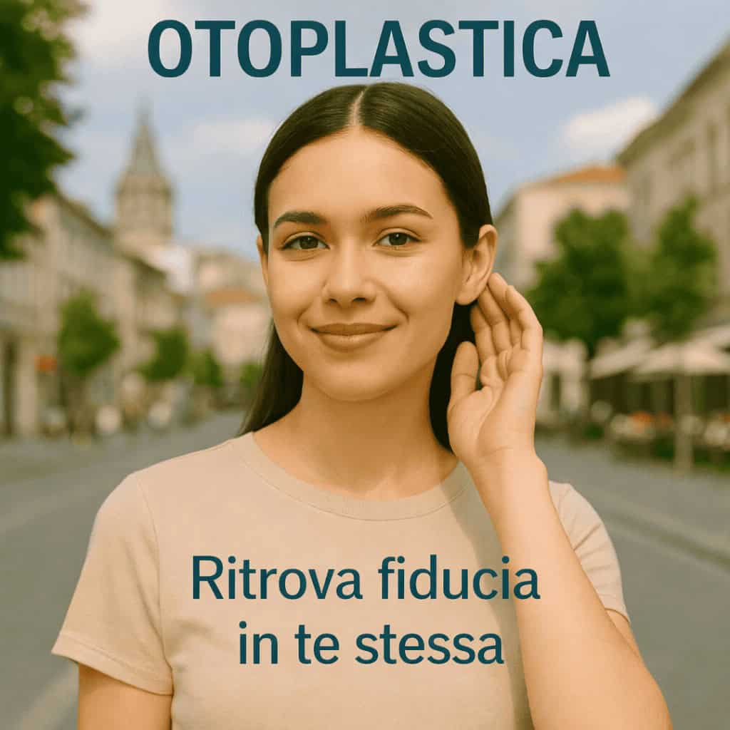 Donna sorridente dopo intervento di otoplastica in Turchia con panorama di Istanbul sullo sfondo