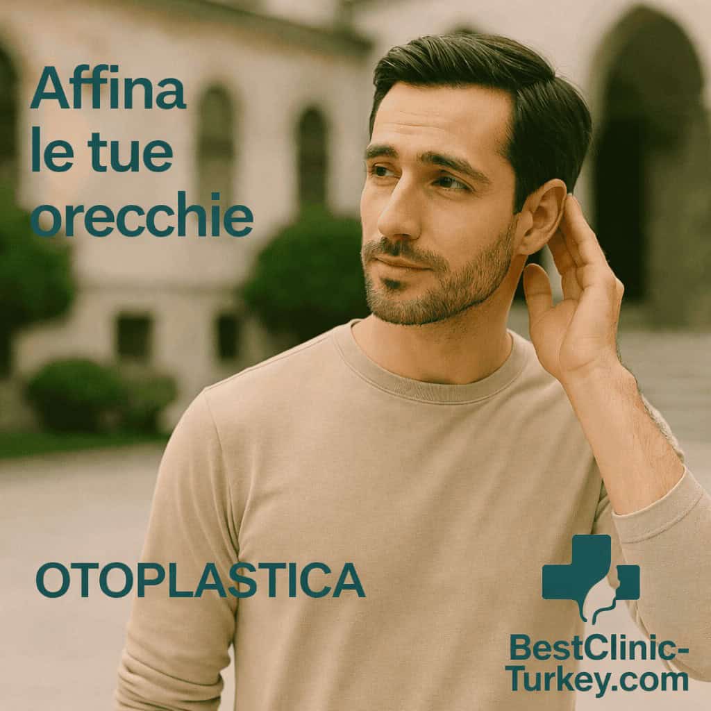 Uomo soddisfatto dopo otoplastica in Turchia: profilo del viso che mostra la corretta posizione delle orecchie con logo BestClinic-Turkey